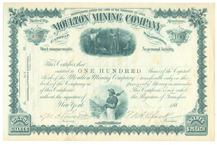 Moulton Mining Company stock certificate Signed by William A. Clark