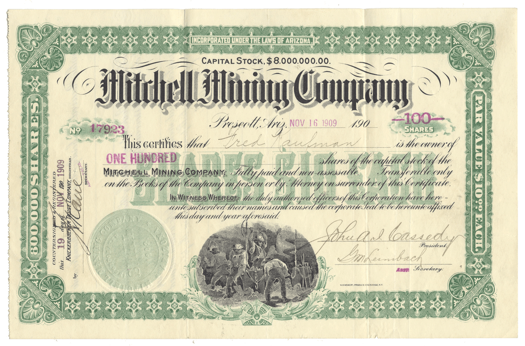 Mitchell Mining Company stock certificate from 1909