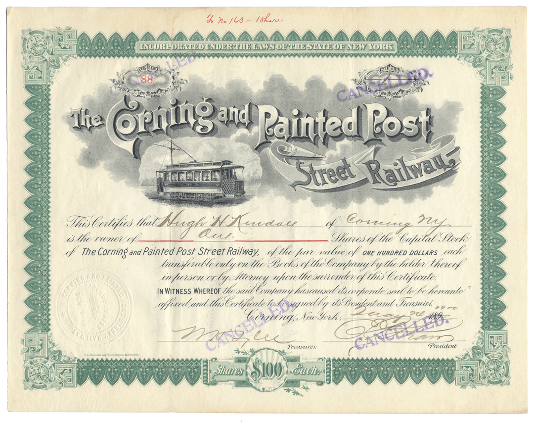 Corning and Painted Post Street Railway Stock Certificate