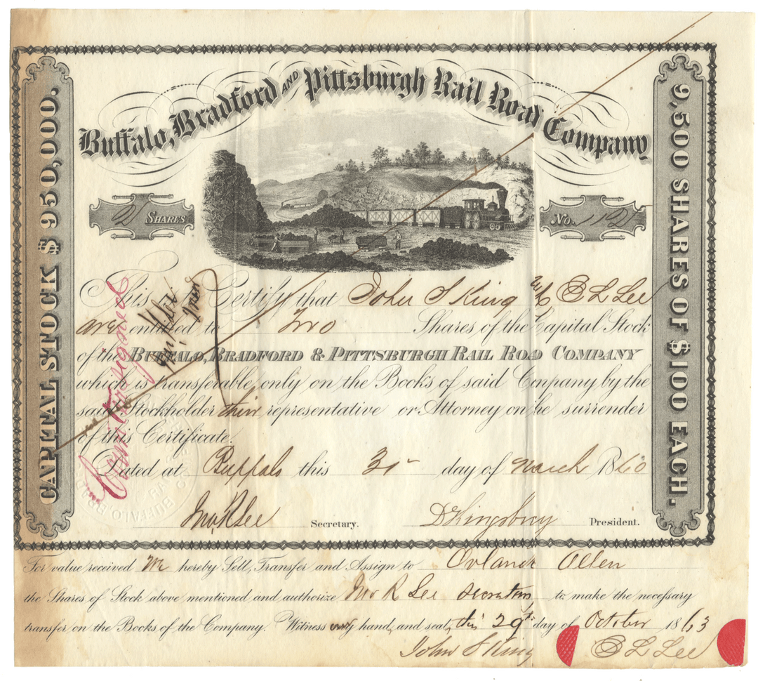 Vintage stock certificate for the Buffalo, Bradford & Pittsburgh Rail Road Company with scenic illustration.