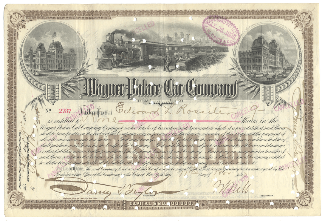 Wagner Palace Car Company Stock Certificate Signed by William Seward Webb