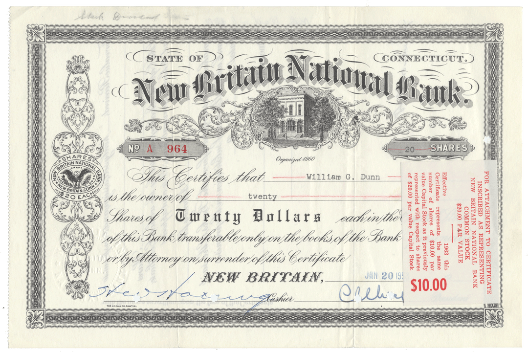 New Britain National Bank Stock Certificate