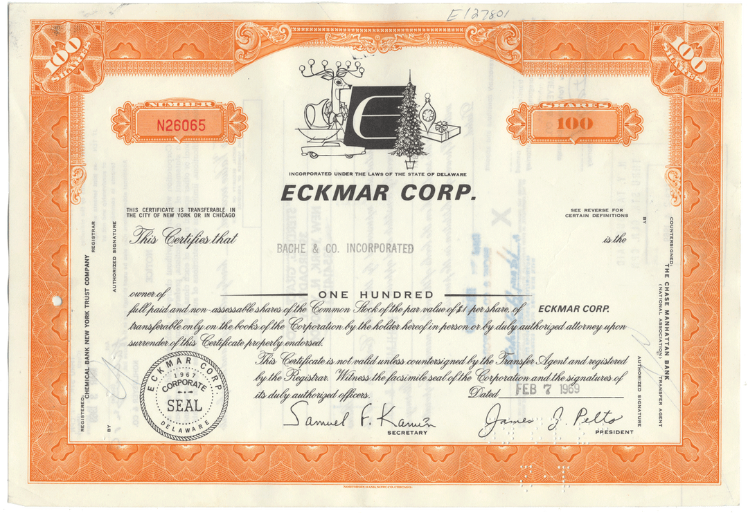 Eckmar Corp. stock certificate with decorative border and text