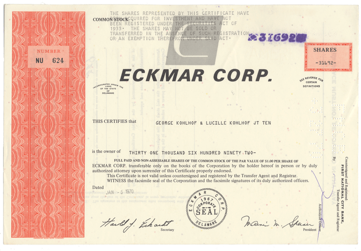 Eckmar Corp. stock certificate
