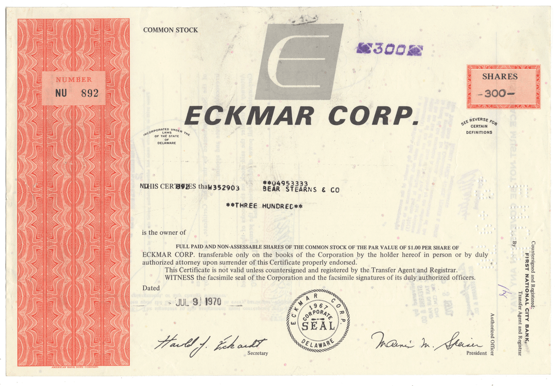Eckmar Corp. stock certificate