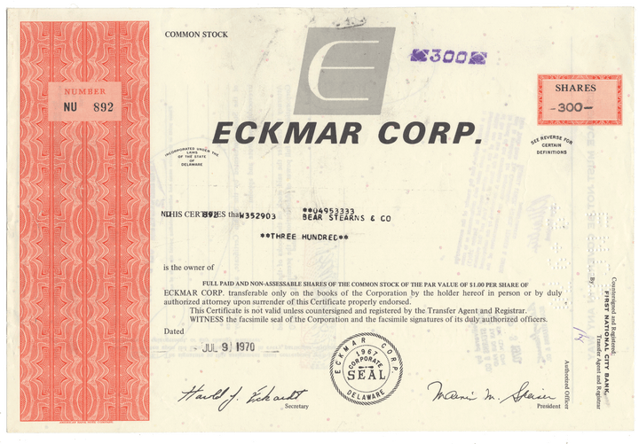 Eckmar Corp. stock certificate