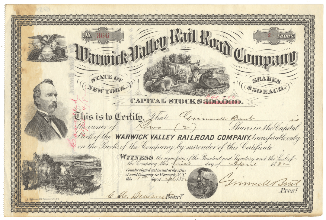 Warwick Valley Rail Road Company Stock Certificate Signed by Grinnell Burt
