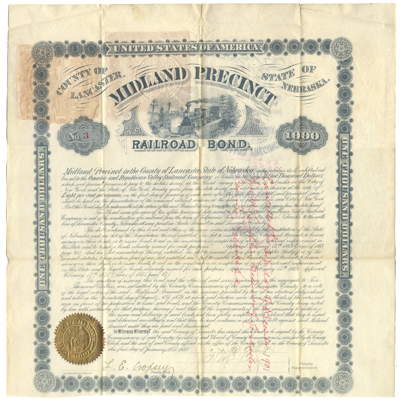Midland Precinct, Nebraska (Omaha & Republican Valley Railroad) Bond Certificate