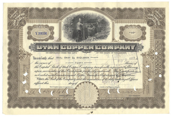 Vintage stock certificate of the Utah Copper Company with decorative elements and text.