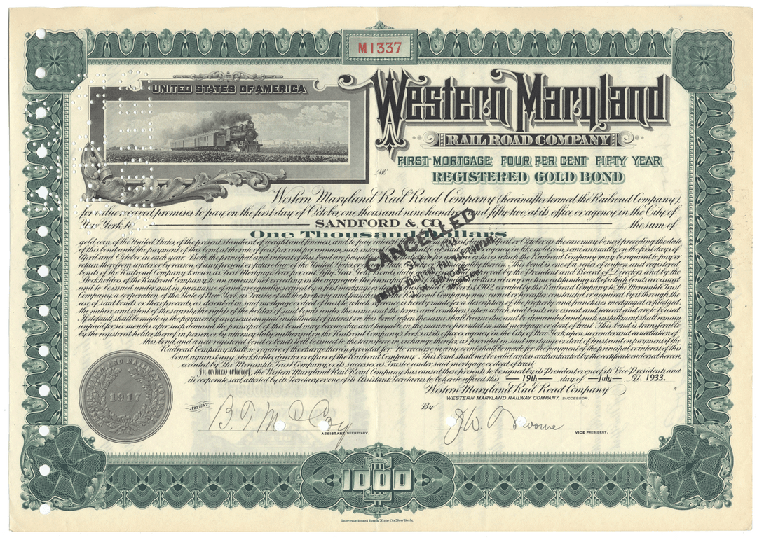 Western Maryland Railroad Company Bond Certificate