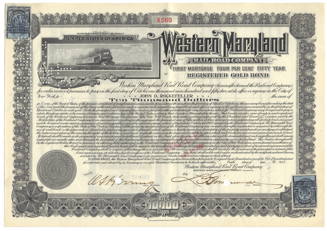 Western Maryland Railroad Company Bond Issued to John D. Rockefeller