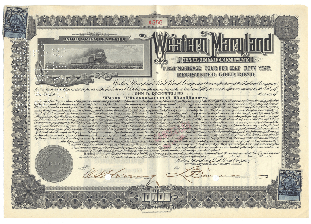 Western Maryland Railroad Company Bond Certificate Issued to John D. Rockefeller