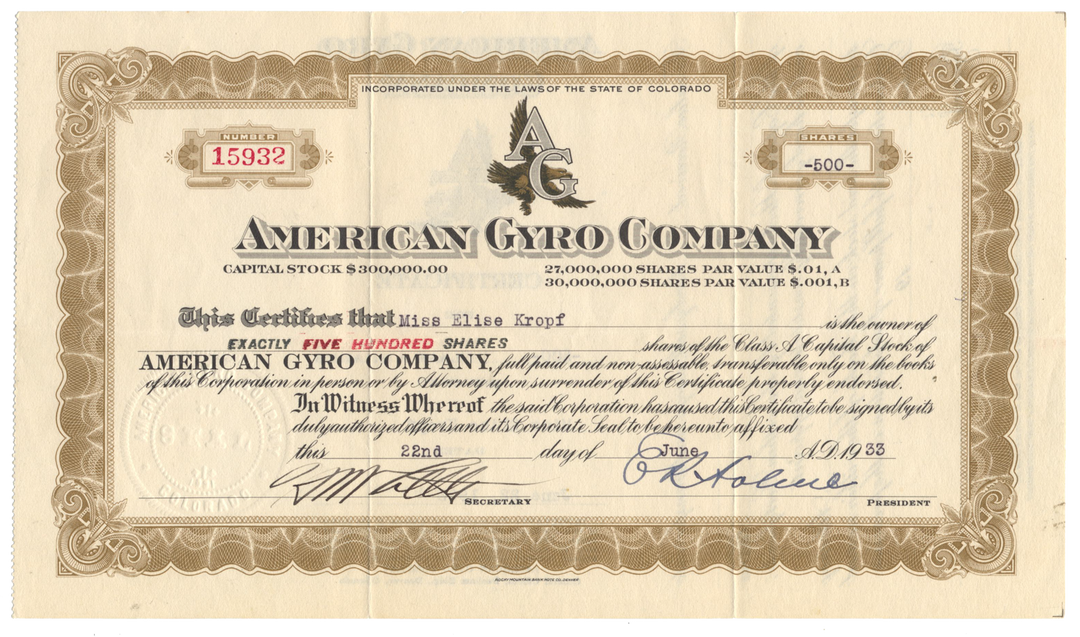 American Gyro Company Stock Certificate