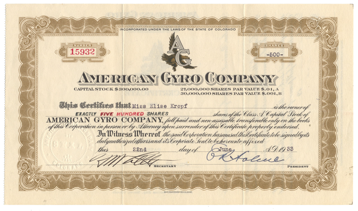 American Gyro Company Stock Certificate