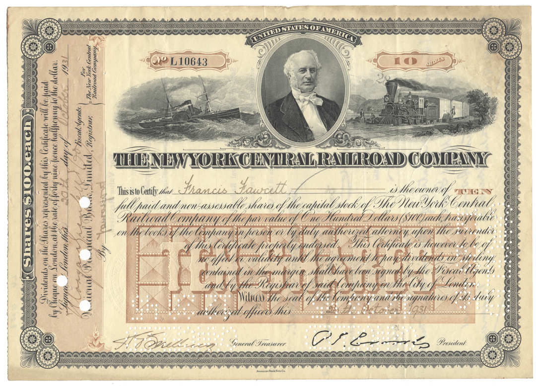 New York Central Railroad Company Stock Certificate