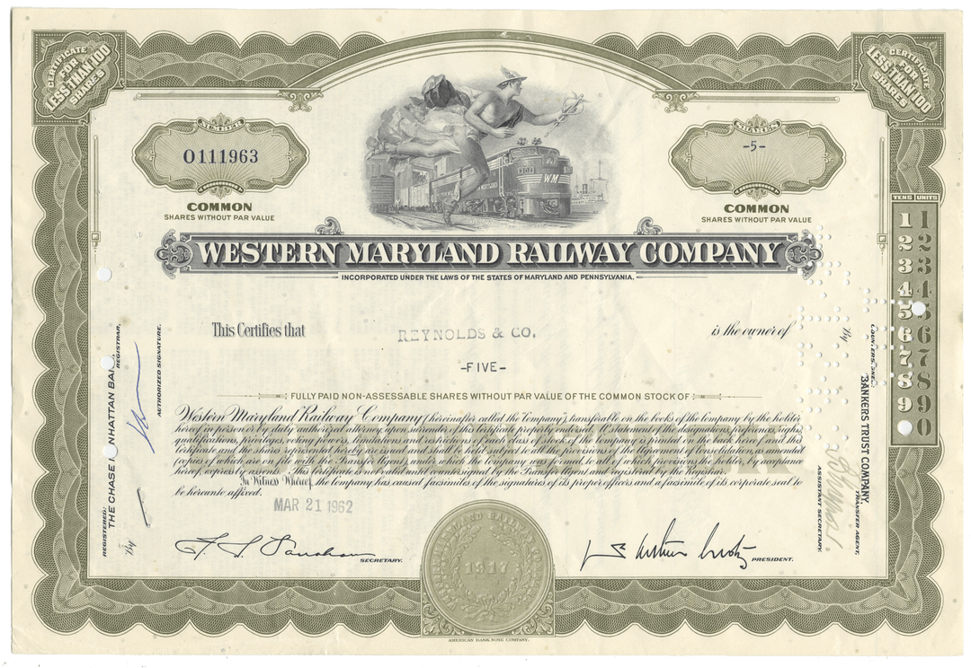 Stock certificate of the Western Maryland Railway Company with decorative elements and text.