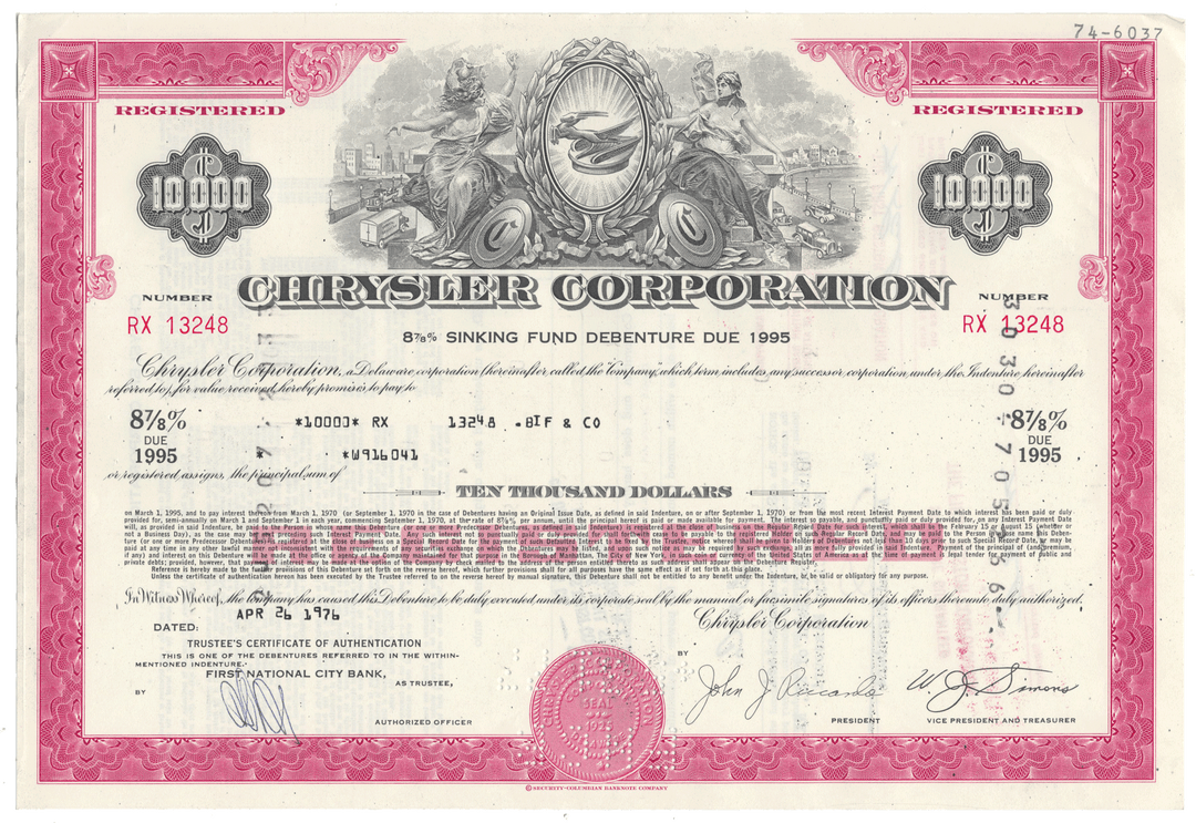 Chrysler Corporation bond certificate with detailed design.