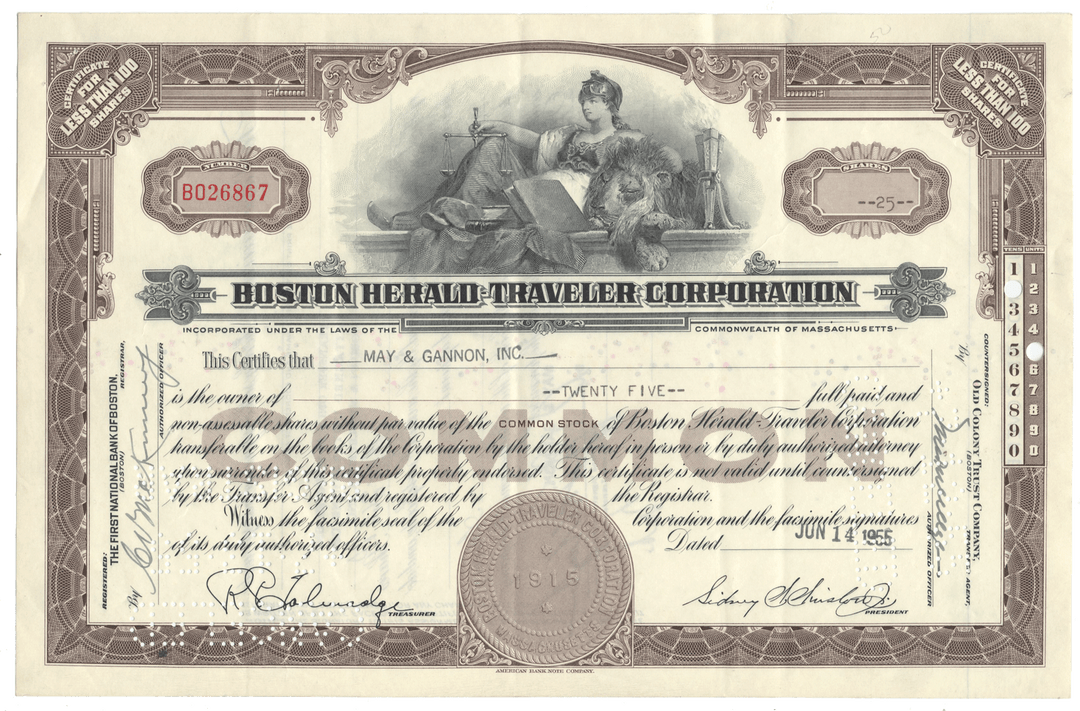 Vintage stock certificate for Boston Herald Traveler Corporation with decorative elements and text.