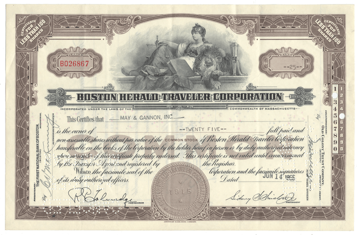 Vintage stock certificate for Boston Herald Traveler Corporation with decorative elements and text.