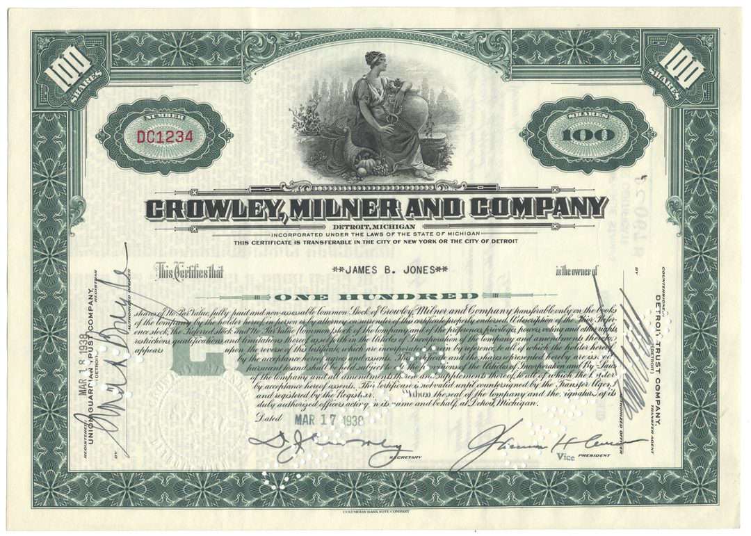Crowley, MIlner and Company Stock Certificate