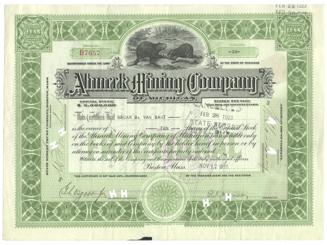 Ahmeek Mining Company of Michigan Stock Certificate