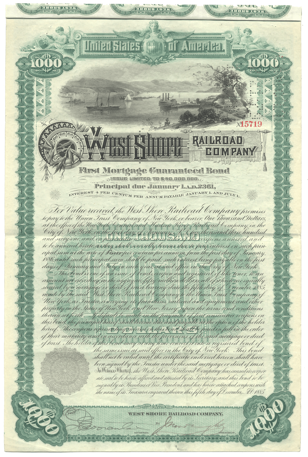 Vintage bond certificate for the West Side Railroad Company