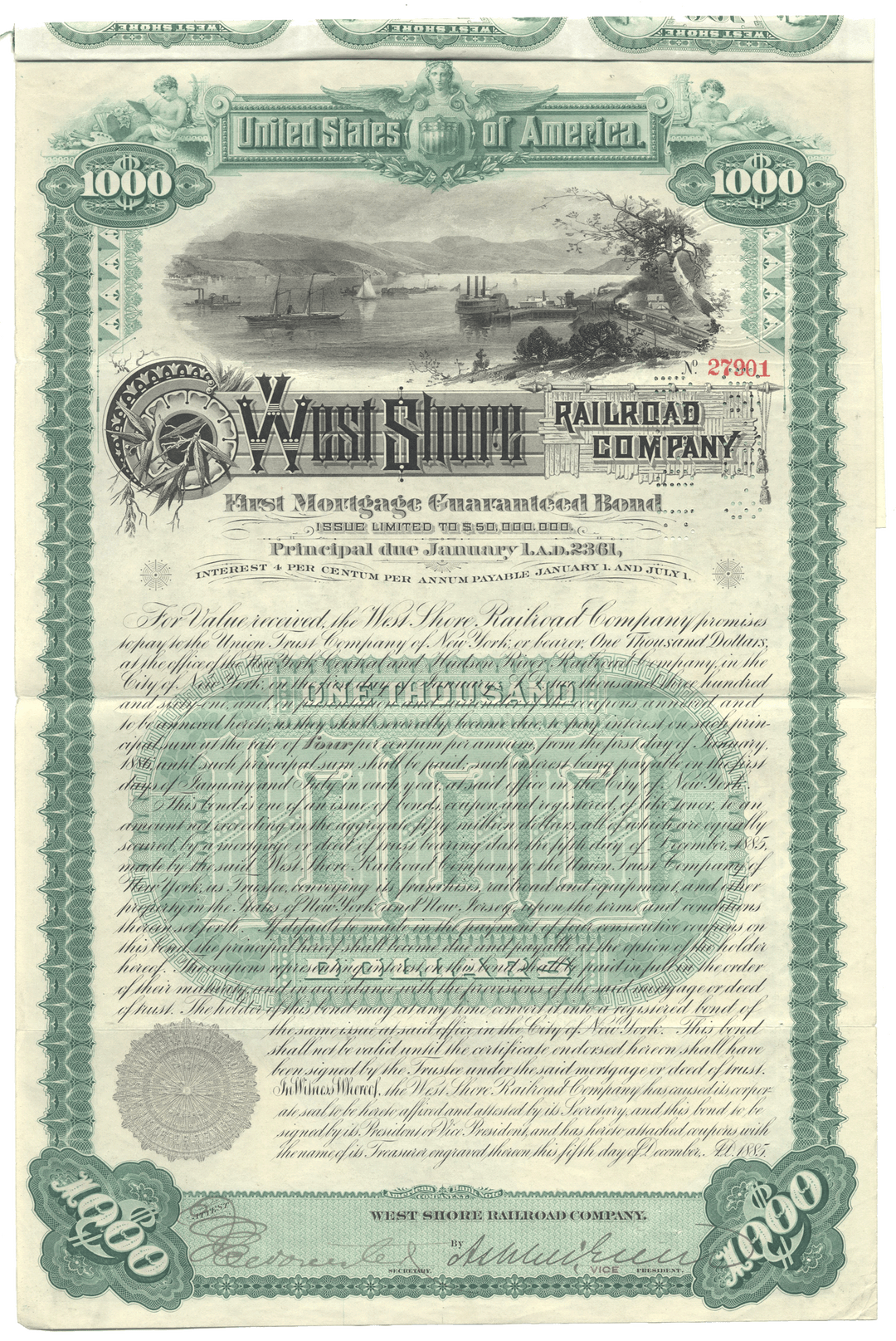 Vintage bond certificate for the West Shore Railroad Company with green border and text.