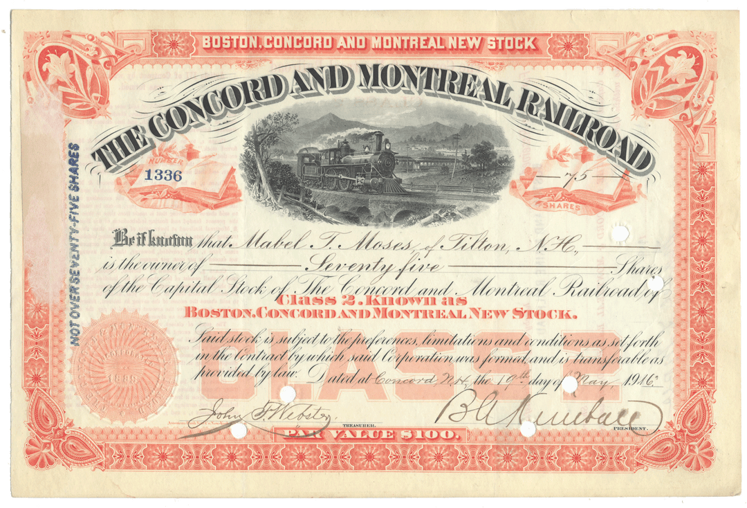 Vintage stock certificate for the Concord and Montreal Railroad