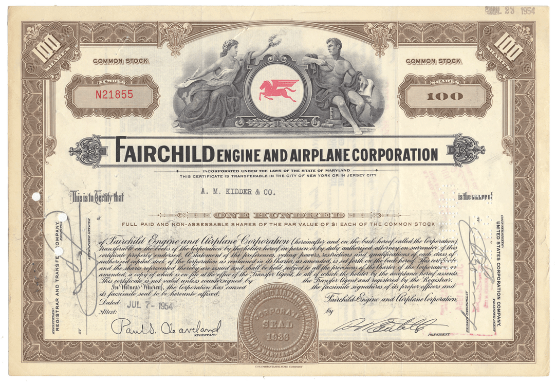 Vintage stock certificate of Fairchild Engine and Airplane Corporation with decorative elements and text.