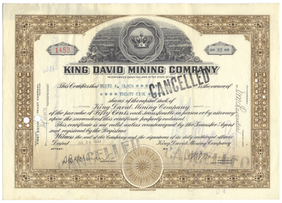 King David Mining Company Stock Certificate