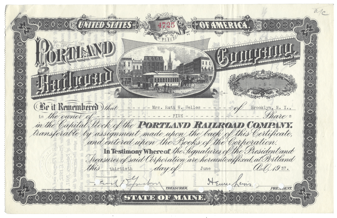 Portland Railroad Company Stock Certificate