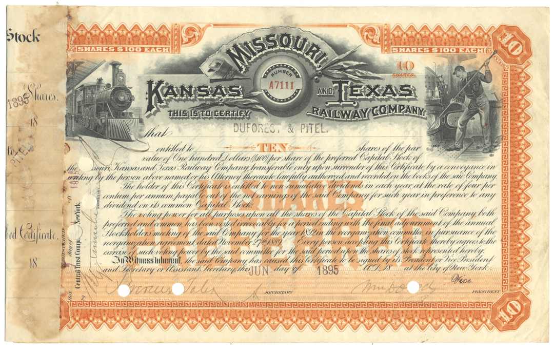 Missouri, Kansas and Texas Railway Company Stock Certificate