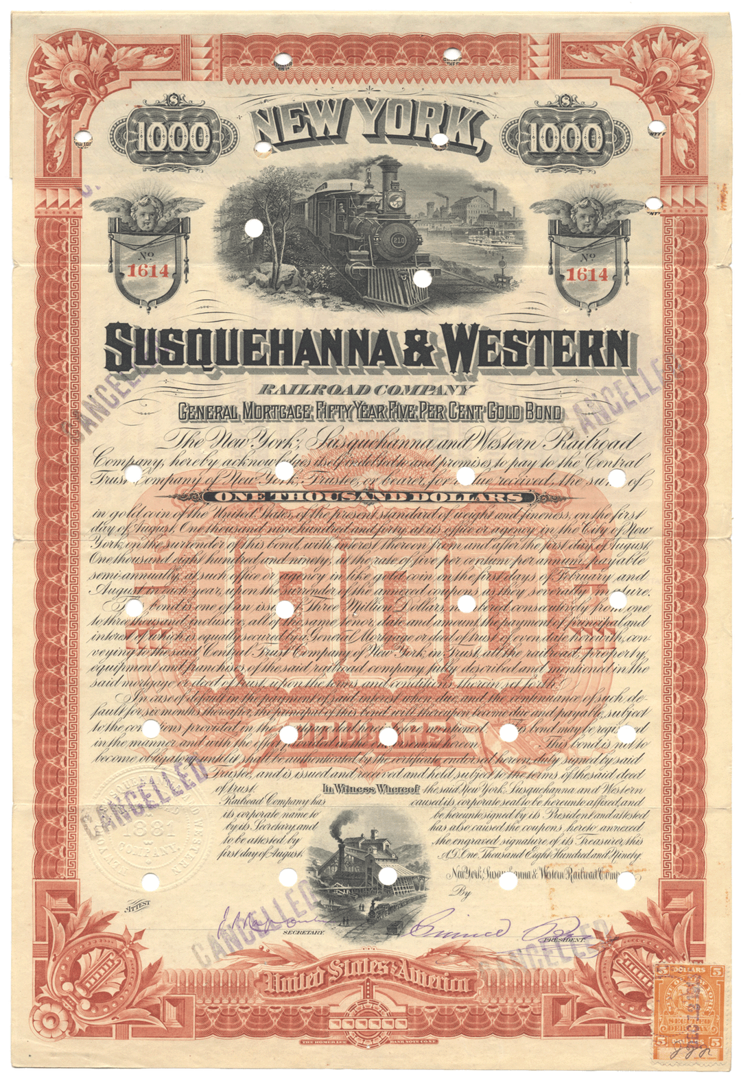 New York, Susquehanna & Western Railroad Company Bond Certificate