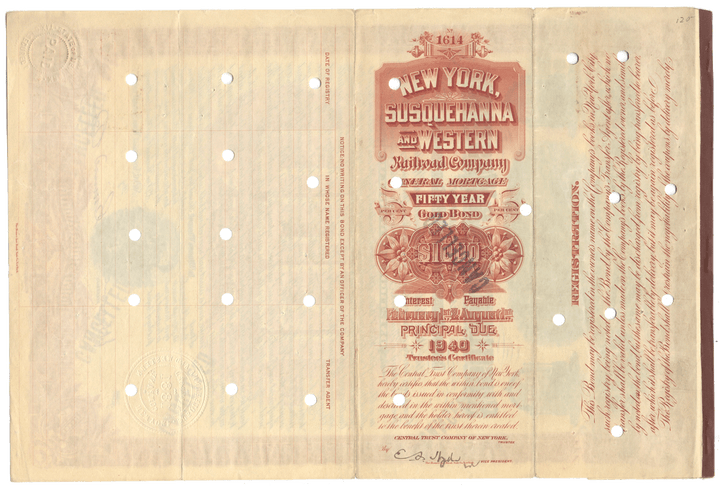 New York, Susquehanna & Western Railroad Company Bond Certificate