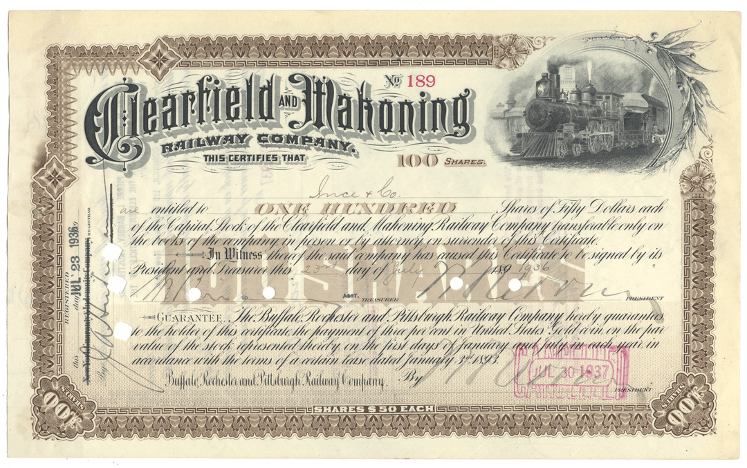 Clearfield and Mahoning Railway Company stock certificate with steam locomotive illustration