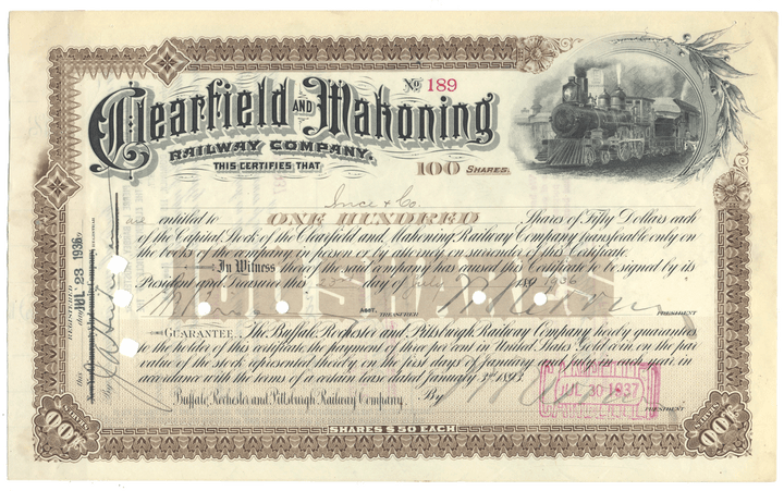 Clearfield and Mahoning Railway Company stock certificate with steam locomotive illustration