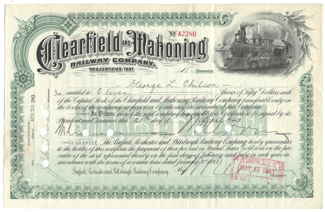 Historical stock certificate for the Clearfield and Mahoning Railway Company with a train illustration.