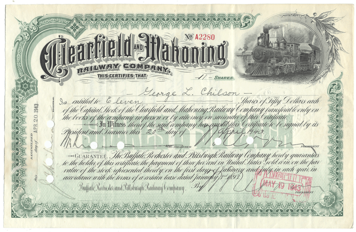 Historical stock certificate for the Clearfield and Mahoning Railway Company with a train illustration.