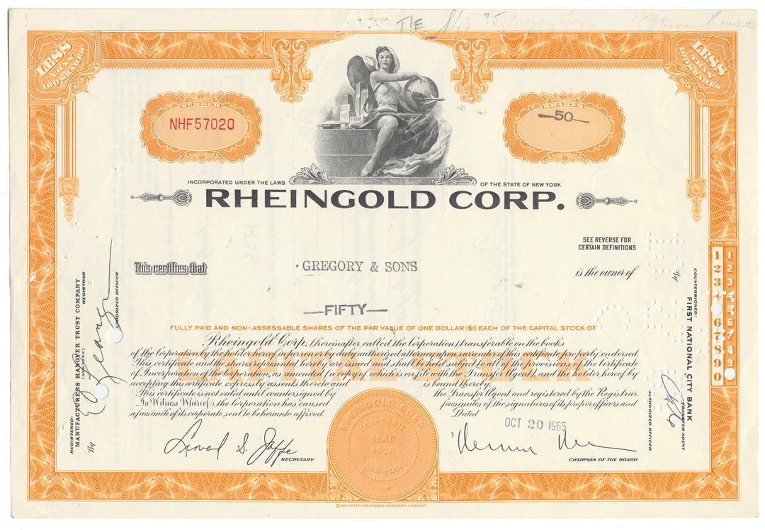 Vintage stock certificate from Rheingold Corp. with decorative elements and text.