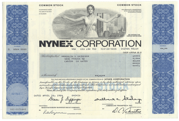 NYNEX Corporation Stock Certificate