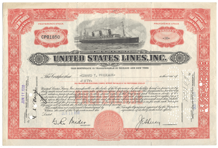 United States Lines, Inc. Stock Certificate