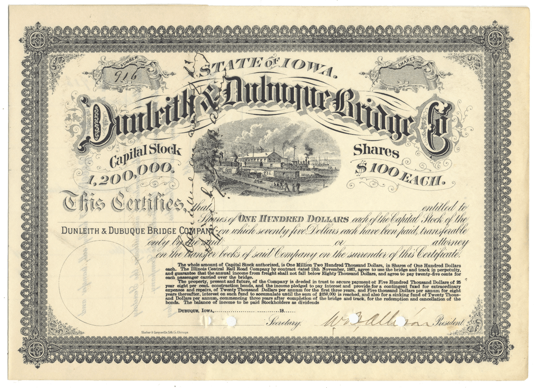 Dunleith & Dubuque Bridge Company Stock Certificate Signed by William Boyd Allison