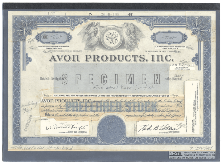 Rare Avon Products, Inc. working proof for the company's cumulative stock certificate