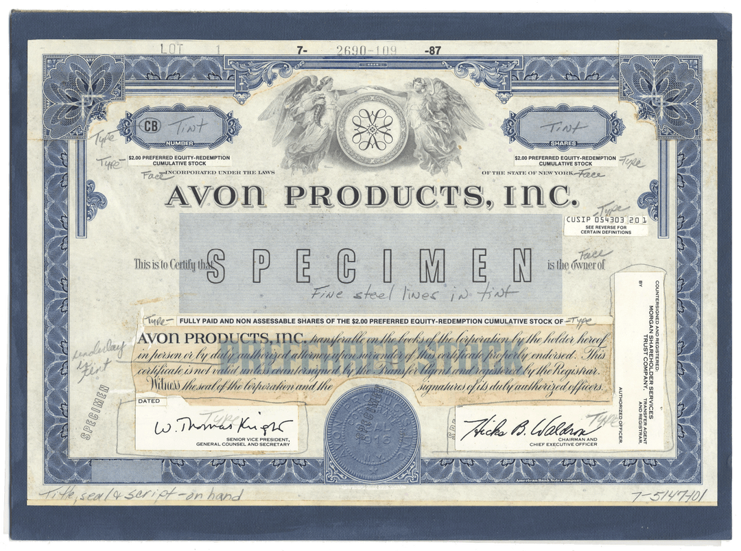 Rare Avon Products, Inc. working proof for the company's cumulative stock certificate
