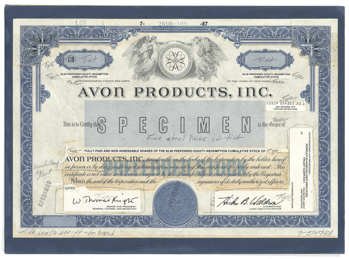 Rare Avon Products, Inc. working proof for the company's cumulative stock certificate
