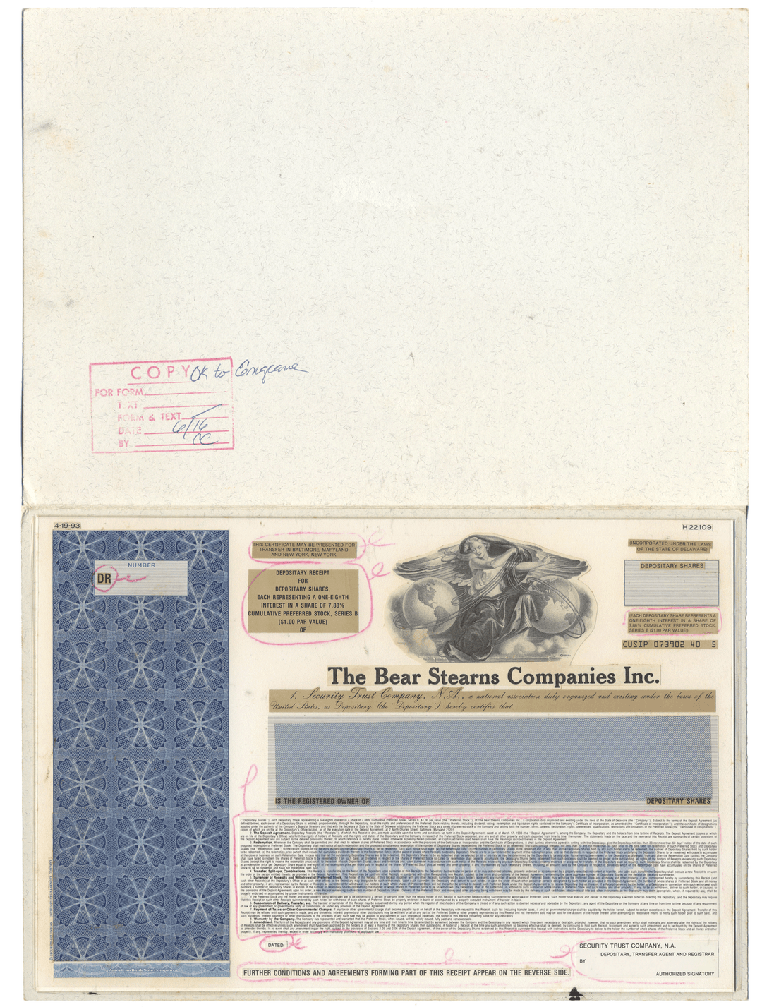 Extremely rare Working Proof from BEar Stearns for the company's Depositary Shares