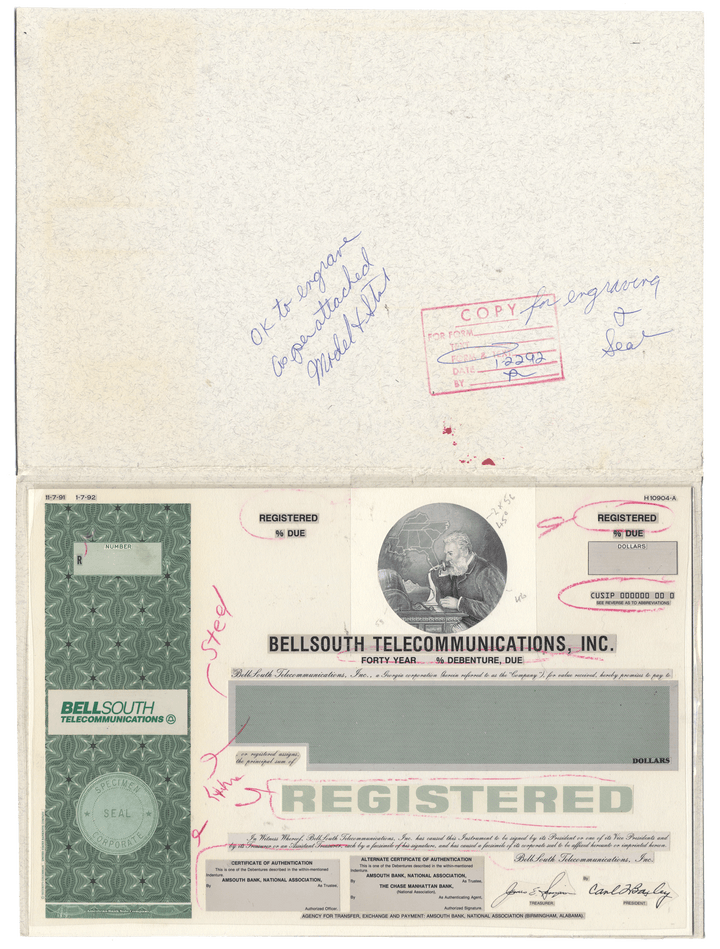 Working Proof from Bellsouth Telecommunications for the company's Registered Debenture Bonds