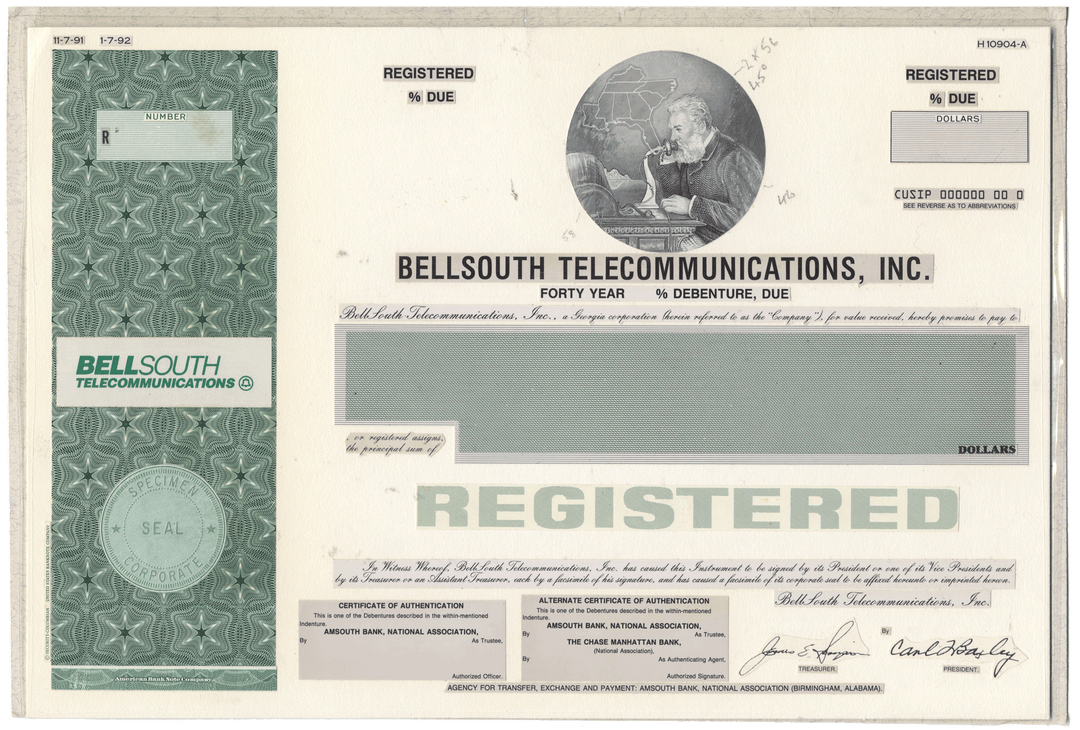 Working Proof from Bellsouth Telecommunications for the company's Registered Debenture Bonds
