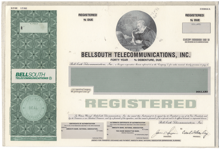 Working Proof from Bellsouth Telecommunications for the company's Registered Debenture Bonds