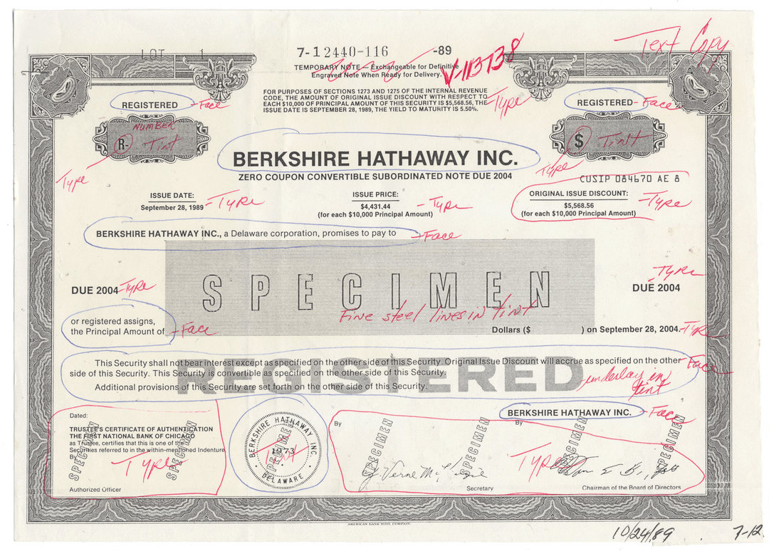 Working Proof from BERKSHIRE HATHAWAY for one the company's Convertible Subordinated Notes